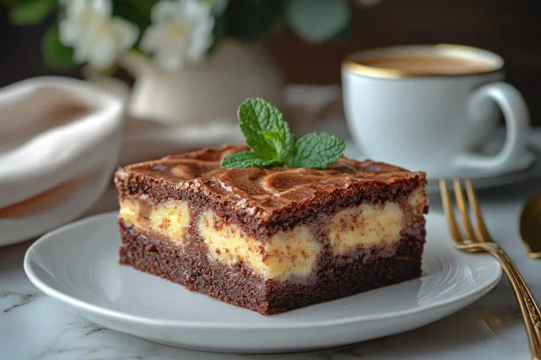 Plated banana pudding brownies with a caramel drizzle and a sprig of mint, served alongside coffee on a marble table