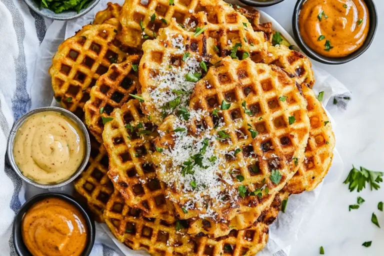 Waffle fries topped with Parmesan, served with chipotle mayo, garlic aioli, and honey mustard on a serving platter