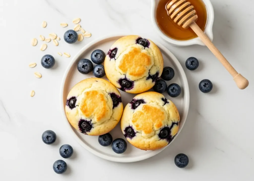 Blueberry cottage cheese muffin split open showing fluffy interior and blueberries
