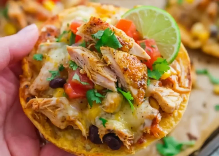 Crispy chicken tostadas topped with seasoned rotisserie chicken lettuce tomatoes and cotija cheese