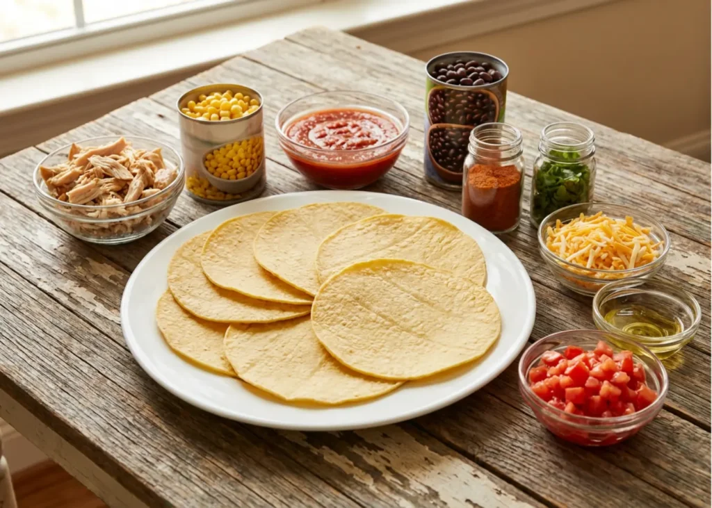 Flat lay of tostada ingredients including rotisserie chicken refried beans avocado and fresh toppings