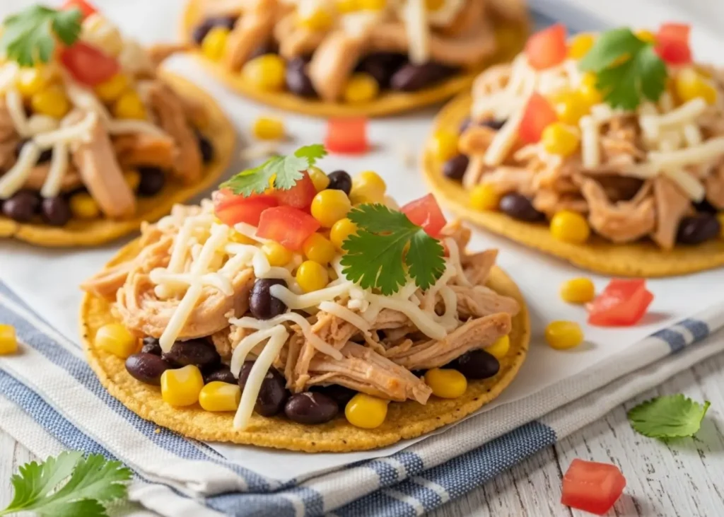 Spreading refried beans on crispy tostada shell for Mexican chicken tostadas