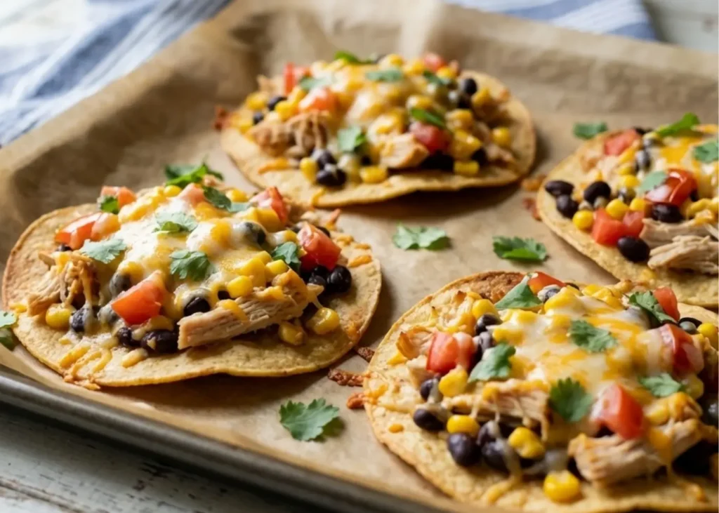 Platter of assembled Mexican rotisserie chicken tostadas with lime wedges and fresh cilantro