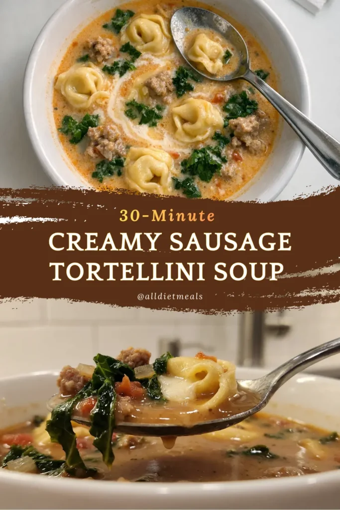 Creamy Sausage Tortellini Soup in a white bowl with kale, cheese tortellini, and sausage in a light cream broth