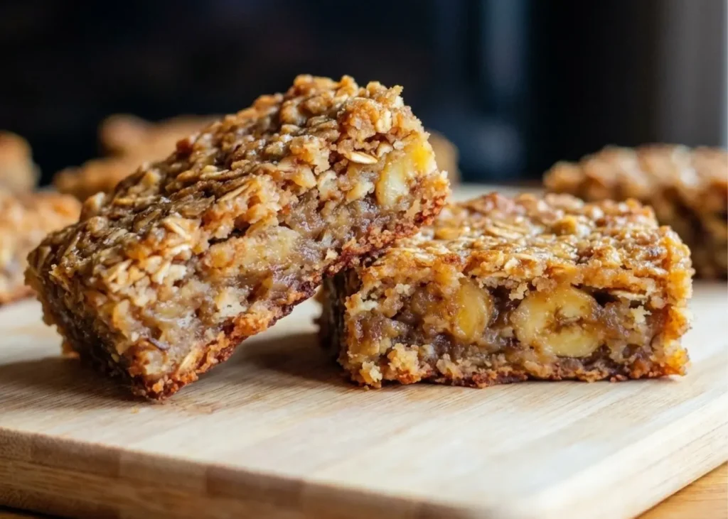 Soft baked banana oatmeal bars cut into squares on parchment, healthy banana breakfast bars made with oats and ripe bananas.