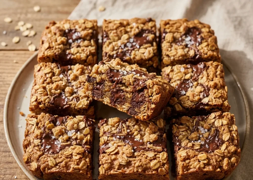 Soft baked banana oatmeal bars cut into squares on parchment, healthy banana breakfast bars made with oats and ripe bananas.