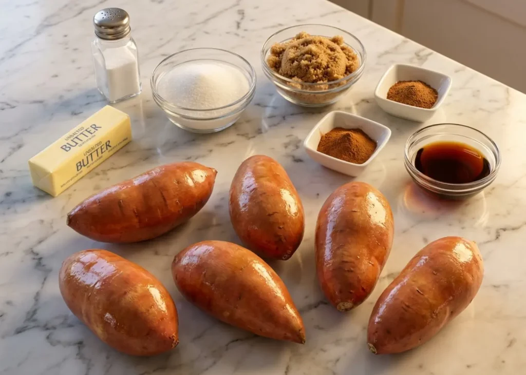 Fresh sweet potatoes with butter, brown sugar, cinnamon, and nutmeg arranged on a wooden cutting board