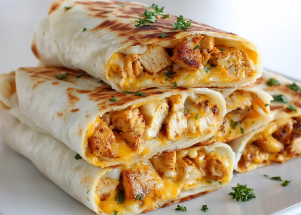 Cheesy chicken garlic wraps cut open showing seasoned chicken, melted cheddar and mozzarella, and creamy garlic sauce.