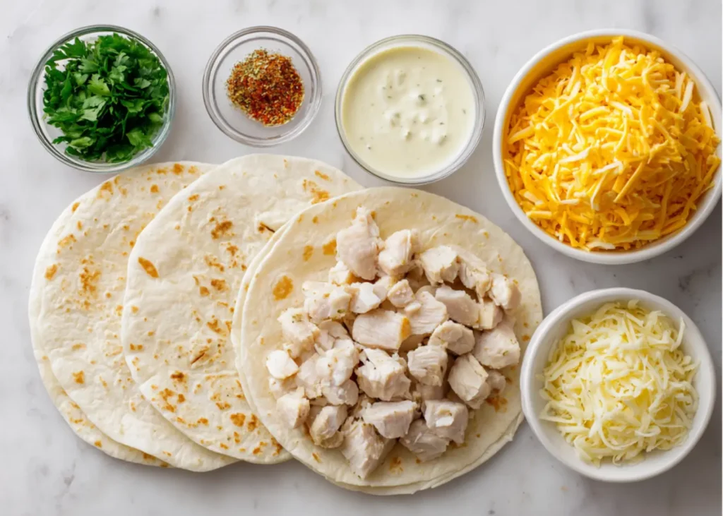 Ingredients for cheesy chicken garlic wraps measured and arranged on a white surface.