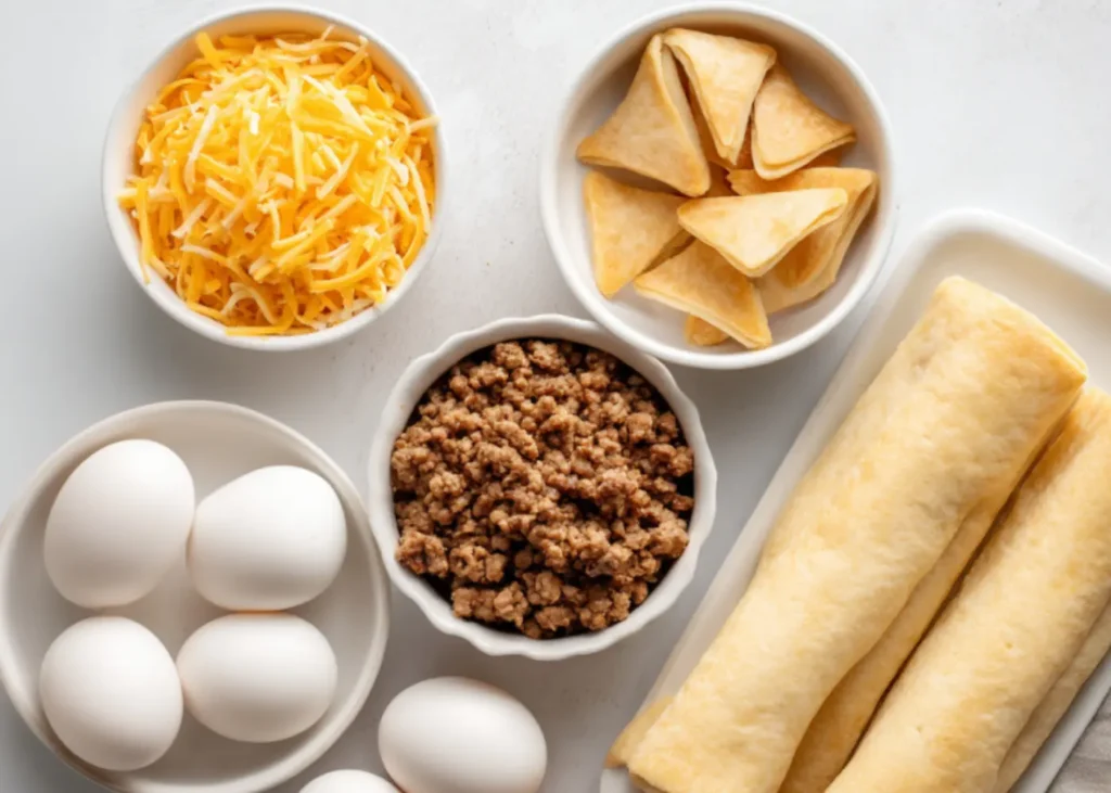lat lay of refrigerated crescent roll can, browned breakfast sausage in a small skillet, six eggs in a bowl, shredded cheddar cheese in a dish, nonstick spray, and a 9x13 baking pan on a light wooden surface, overhead 90-degree angle, bright even lighting, organized mise en place style, clean and simple aesthetic,