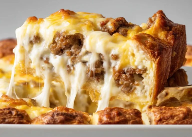 Slice of Cheesy Sausage Breakfast Casserole on a white plate with mixed berries and a fork, full casserole dish in the background, hot coffee and juice glasses on the table, warm ambient light, 45-degree angle, inviting family brunch atmosphere