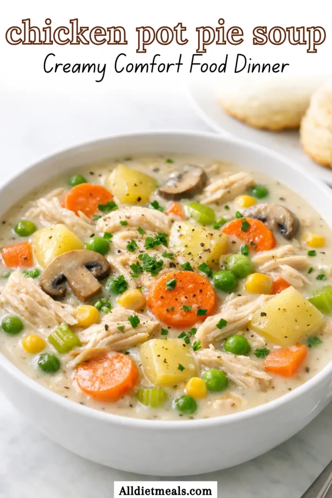 Chicken pot pie soup in a white bowl with creamy broth, shredded chicken, potatoes, carrots, peas, corn, mushrooms, and parsley.
