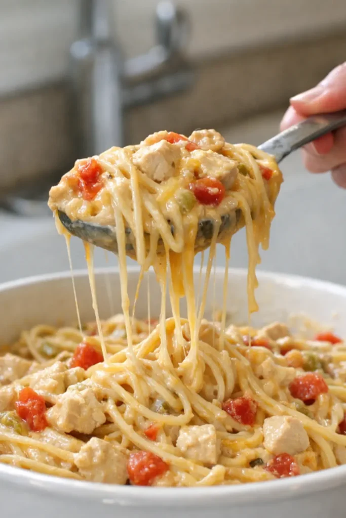 Plate of Chicken Spaghetti topped with red pepper flakes and parsley, with garlic bread on the side and a fork resting on the plate