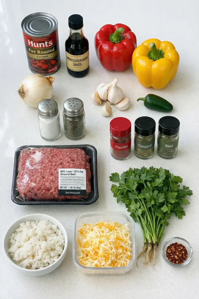 Ingredients for Chicken Spaghetti laid out on a counter, including chicken breasts, thin spaghetti, cream cheese, cheddar, mozzarella, onion, garlic, broth, milk, and Rotel