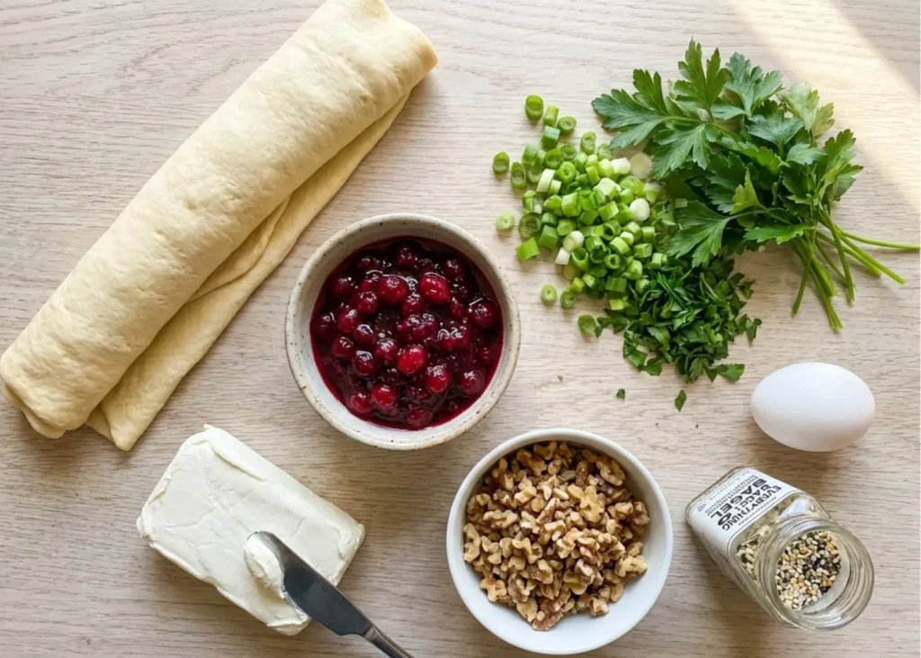 Golden Christmas cranberry roll ups on a platter, flaky crescent pinwheels filled with cranberry cream cheese and herbs.