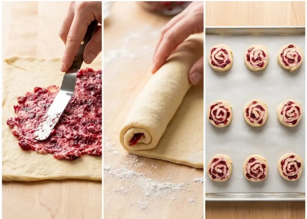 Golden Christmas cranberry roll ups on a platter