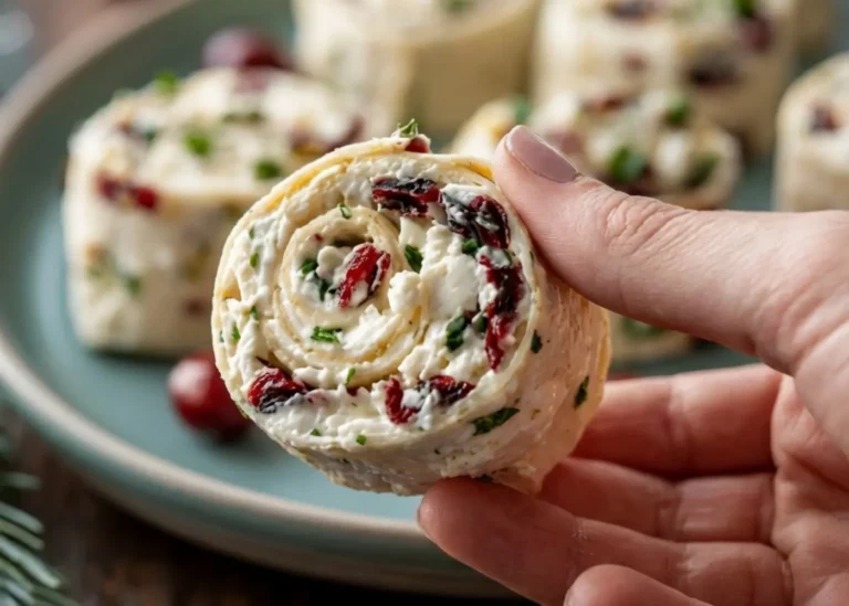 Golden Christmas cranberry roll ups on a platter