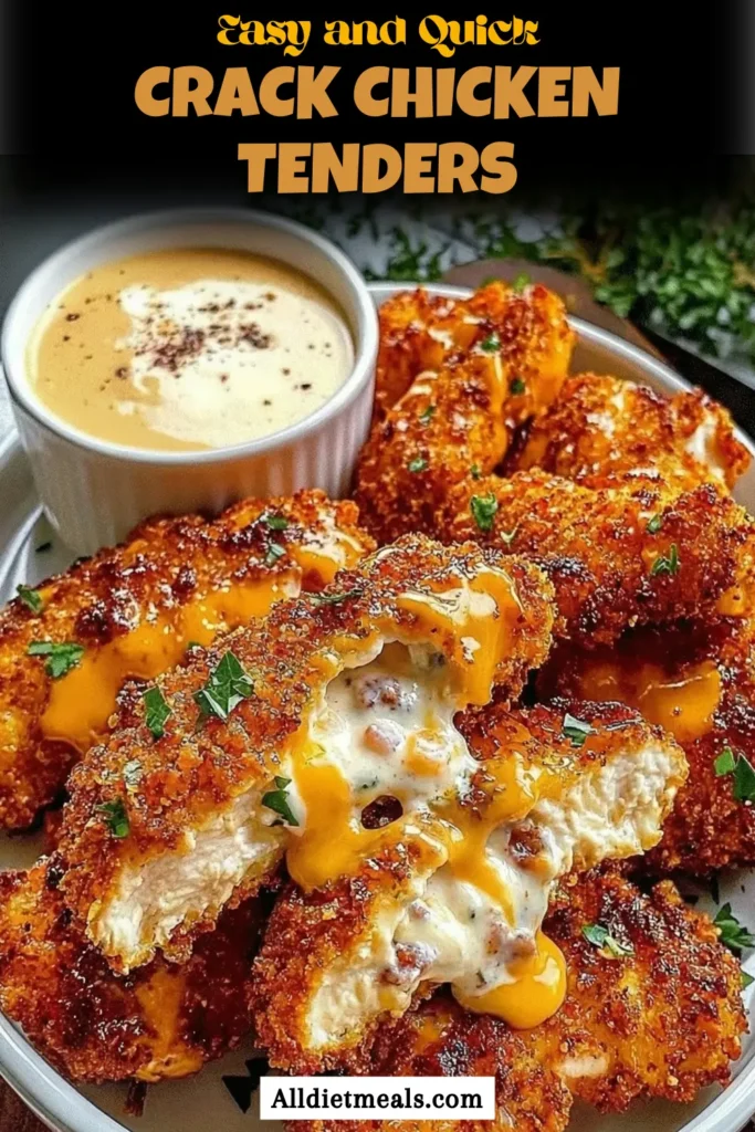 Golden baked Crack Chicken Tenders with crunchy cheese and cracker coating served with ranch dipping sauce, a simple kid friendly oven chicken dinner.