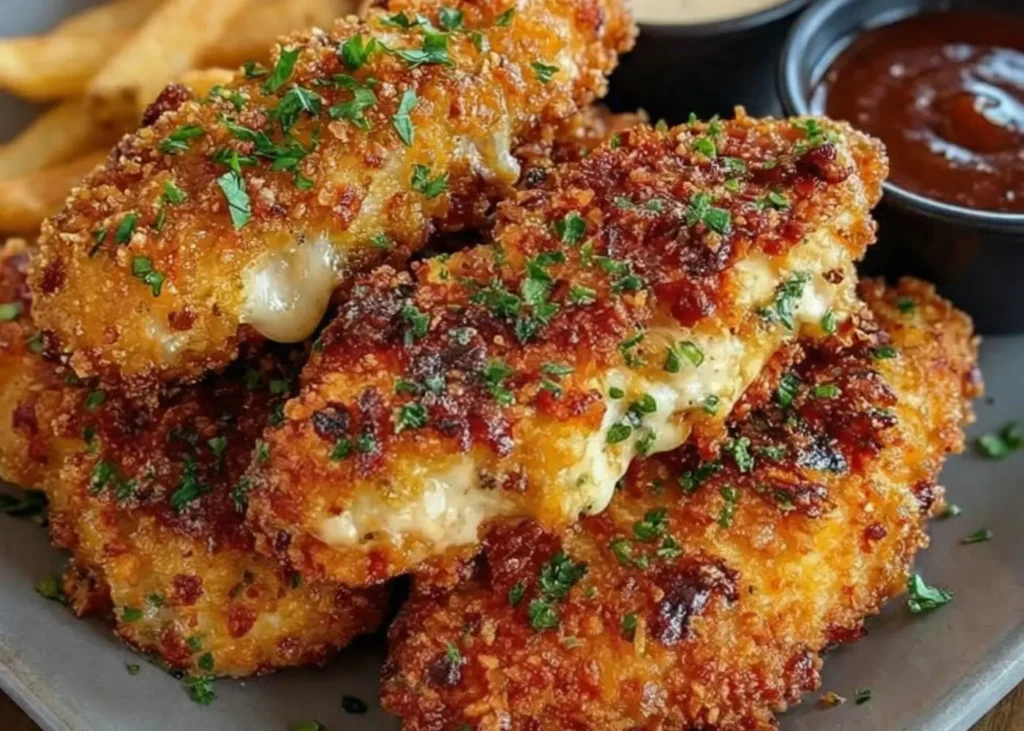 olden baked Crack Chicken Tenders with crunchy cheese and cracker coating served with ranch dipping sauce, a simple kid friendly oven chicken dinner.