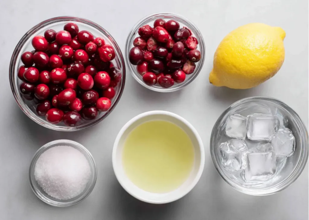 ingredients for cranberry lemon drop martini on a clean light surface