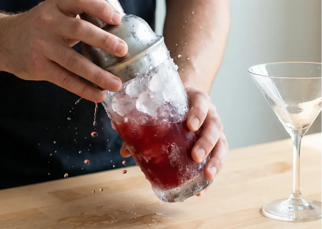 cocktail shaker filled with ice being shaken to make a cranberry lemon drop martini