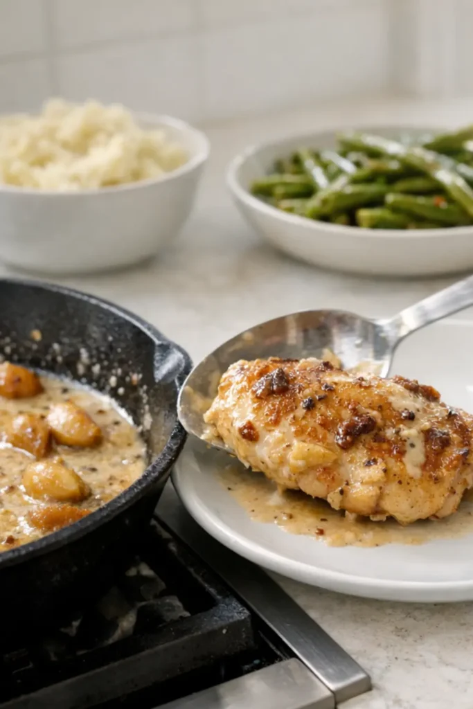 Creamy Garlic Chicken in a rich garlic Parmesan gravy, made in one skillet with whole caramelized garlic cloves