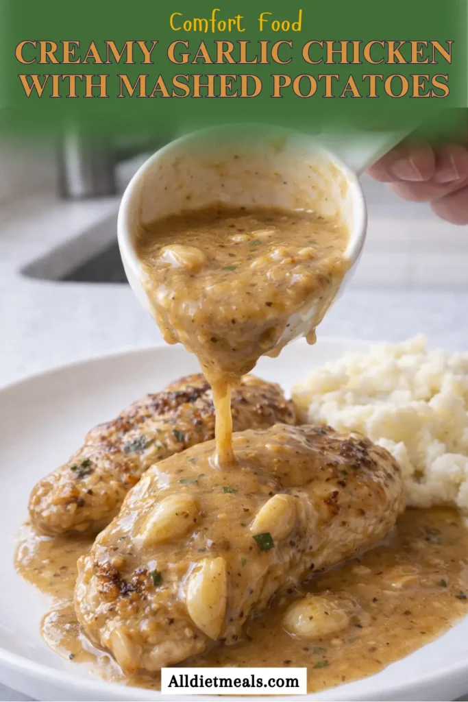Creamy Garlic Chicken in a rich garlic Parmesan gravy, made in one skillet with whole caramelized garlic cloves