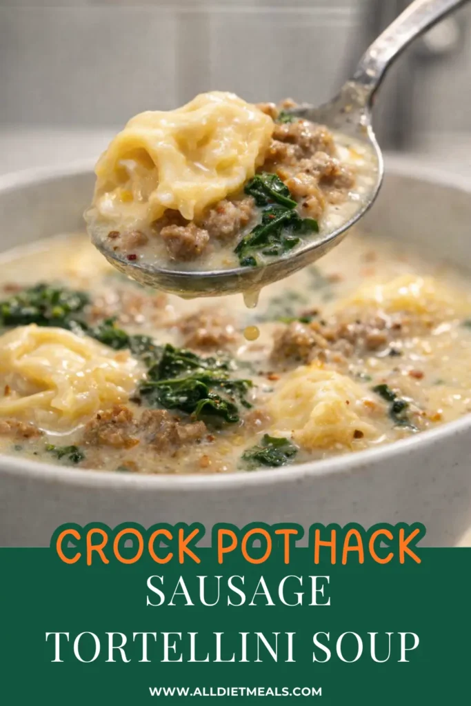 Creamy Sausage Tortellini Soup in a white bowl with kale, cheese tortellini, and sausage in a light cream broth