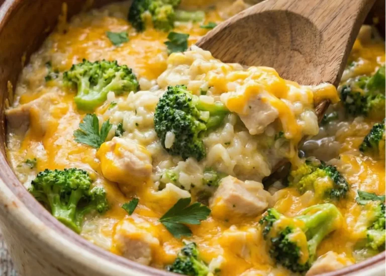 Easy Crockpot Chicken Rice in a modern slow cooker, creamy rice with chunks of chicken and bright green broccoli topped with melted sharp cheddar