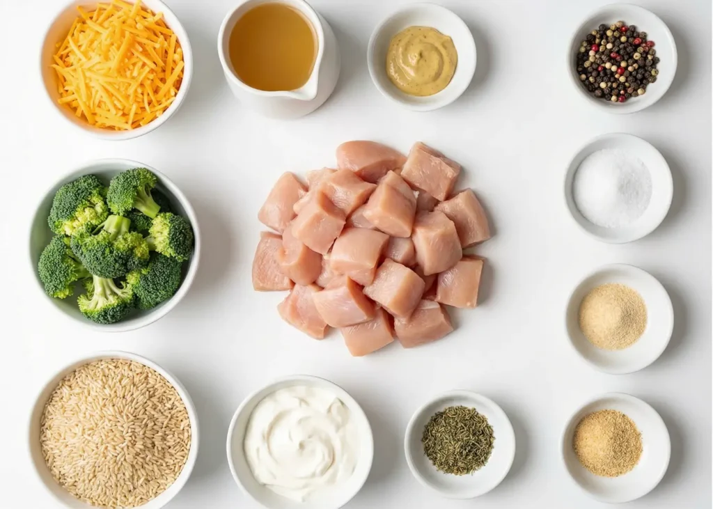 Flat lay arrangement of boneless skinless chicken breasts, bowl of brown rice, broccoli florets, carton of chicken broth, container of sour cream, block of sharp cheddar, small bowls of dried thyme, garlic powder, onion powder, salt, and pepper on a light wooden surface,