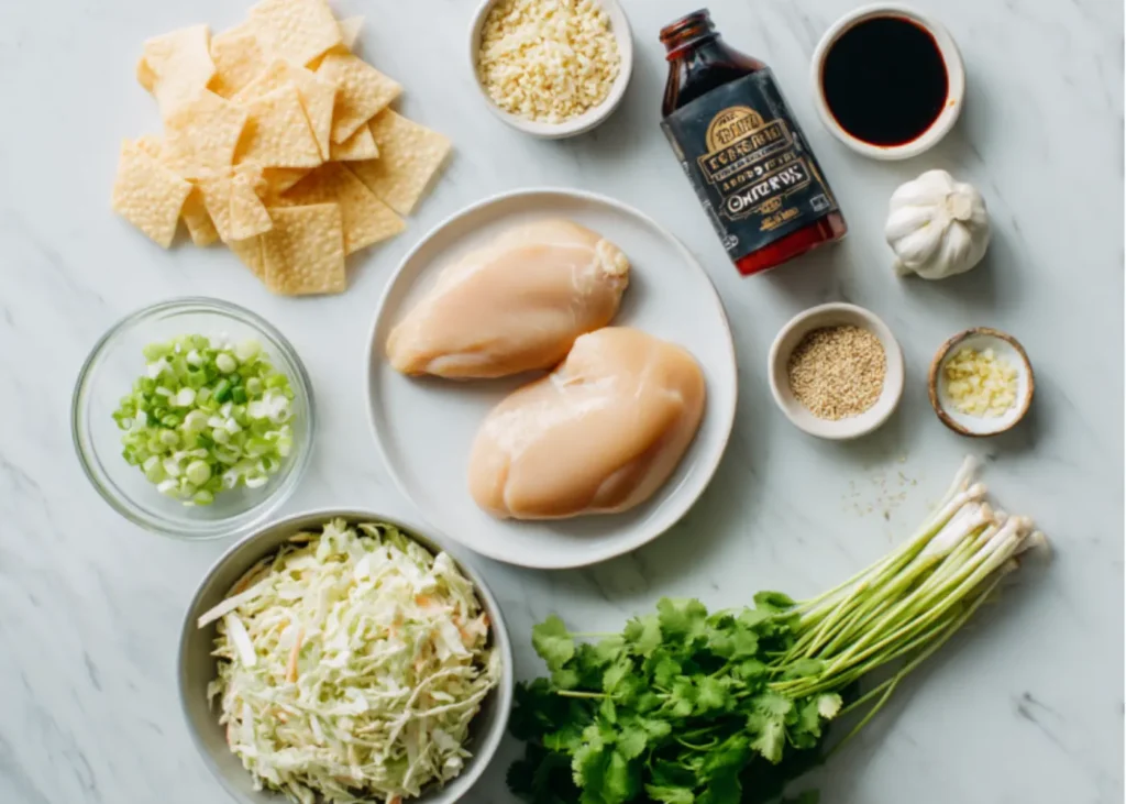 lat lay of thinly sliced raw chicken breasts, small bowls of teriyaki sauce, soy sauce, minced garlic, minced ginger, a bag of coleslaw mix, green onions, stack of wonton wrappers, bottle of sweet chili sauce, sesame seeds