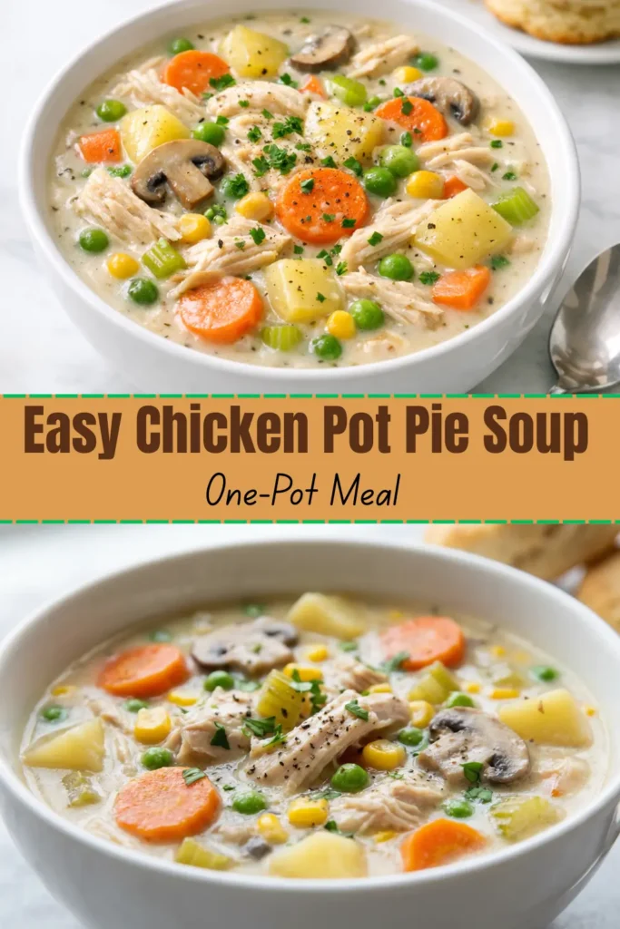 Pot of chicken pot pie soup with creamy broth, shredded chicken, potatoes, carrots, peas, corn, mushrooms, and parsley.