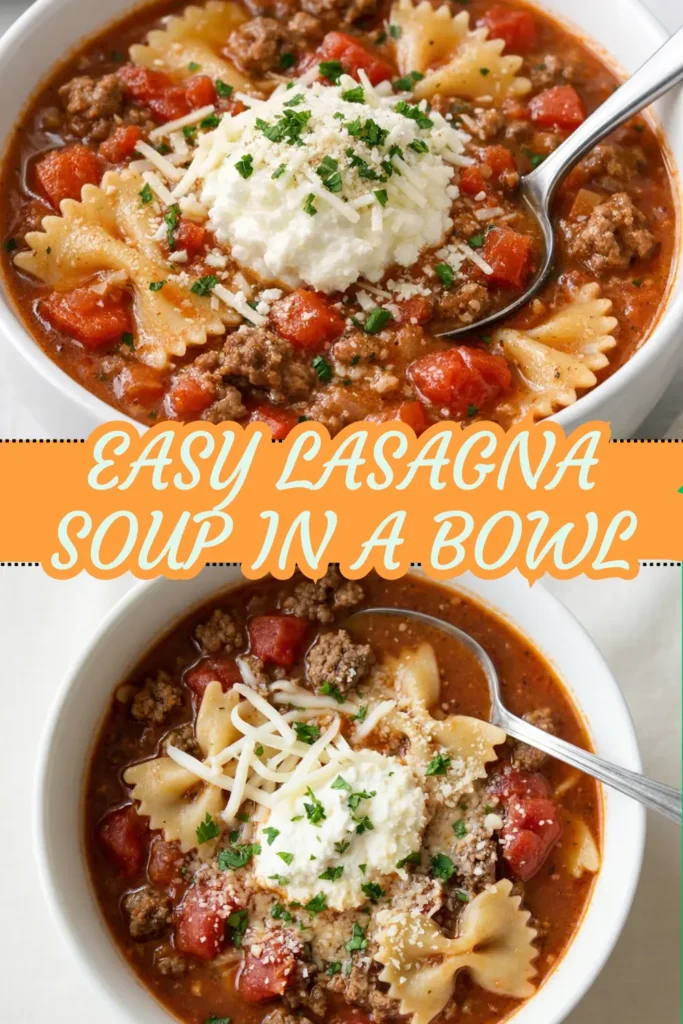 Easy lasagna soup in a bowl with ground beef, bowtie pasta, tomato broth, ricotta, mozzarella, parmesan, and parsley.
