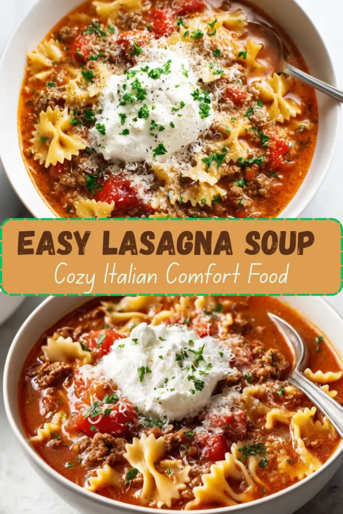 Easy lasagna soup in a bowl with ground beef, bowtie pasta, tomato broth, ricotta, mozzarella, parmesan, and parsley.