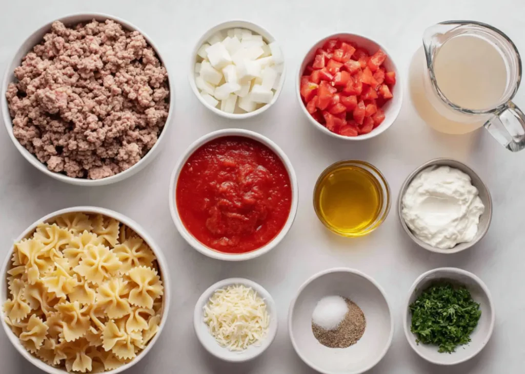 Ingredients for easy lasagna soup including ground beef, bowtie pasta, tomatoes, broth, ricotta, mozzarella, parmesan, and parsley.