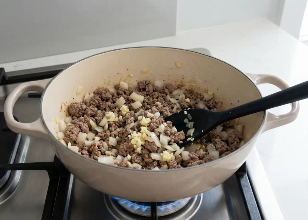 Ground beef browning with diced onion and garlic in a pot for lasagna soup.