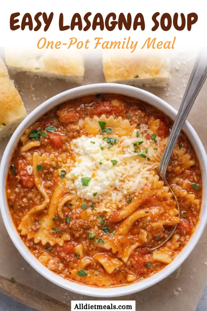 Easy lasagna soup in a bowl with ground beef, bowtie pasta, tomato broth, ricotta, mozzarella, parmesan, and parsley.