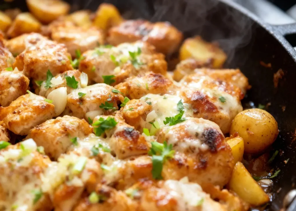 Juicy Garlic Parmesan Chicken and Potatoes on a sheet pan with golden edges and fresh parsley