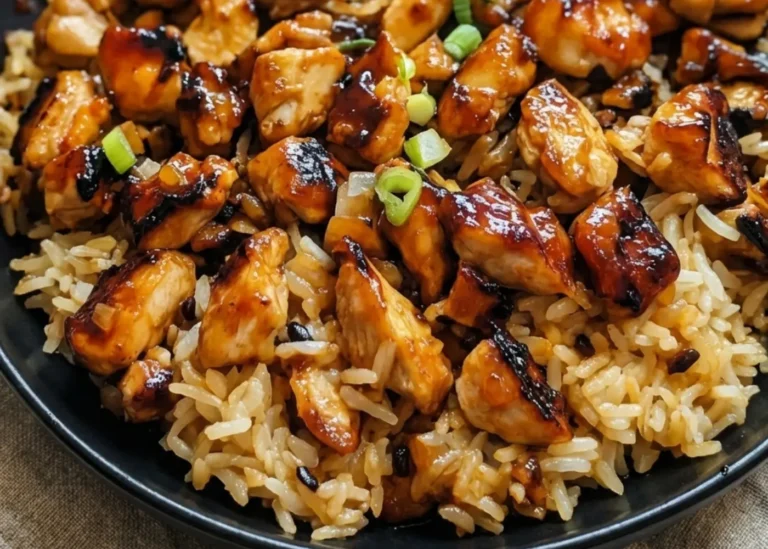 Bowl of Honey BBQ Chicken Rice with juicy glazed chicken and saucy rice, garnished with green onions and served with salad.