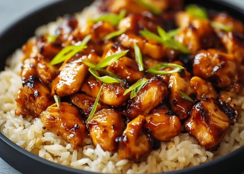 Bowl of Honey BBQ Chicken Rice with juicy glazed chicken and saucy rice, garnished with green onions and served with salad.