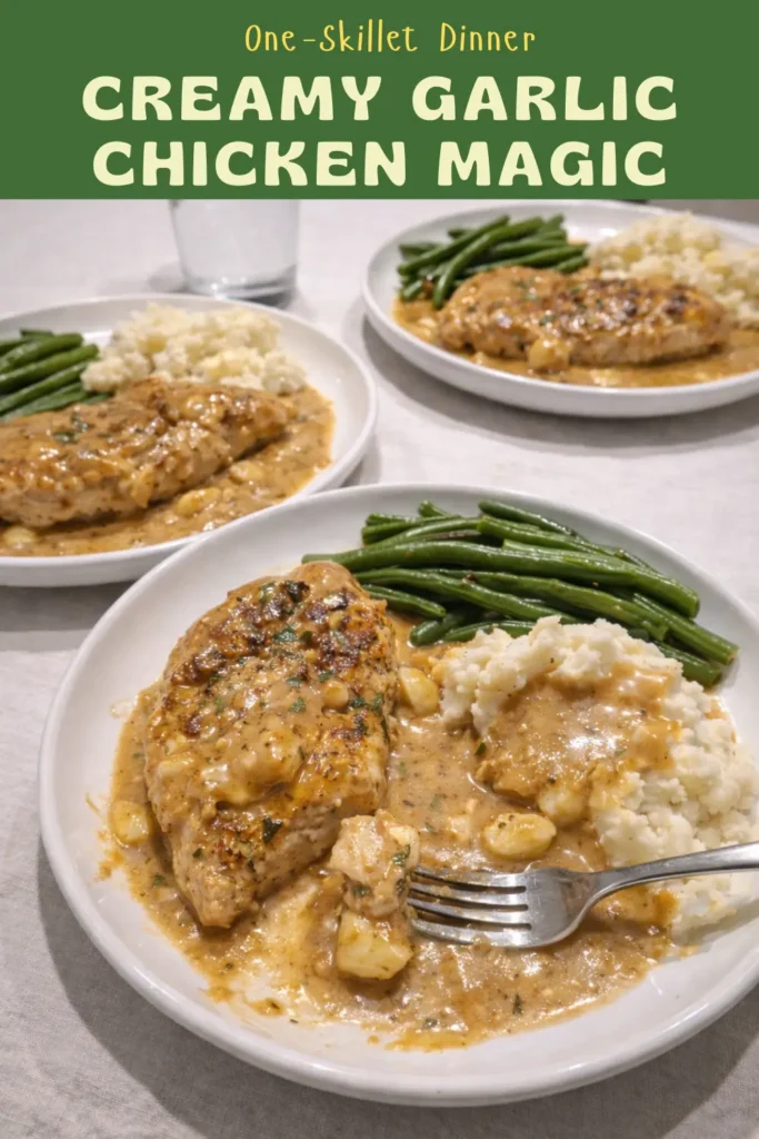 Creamy Garlic Chicken in a rich garlic Parmesan gravy, made in one skillet with whole caramelized garlic cloves