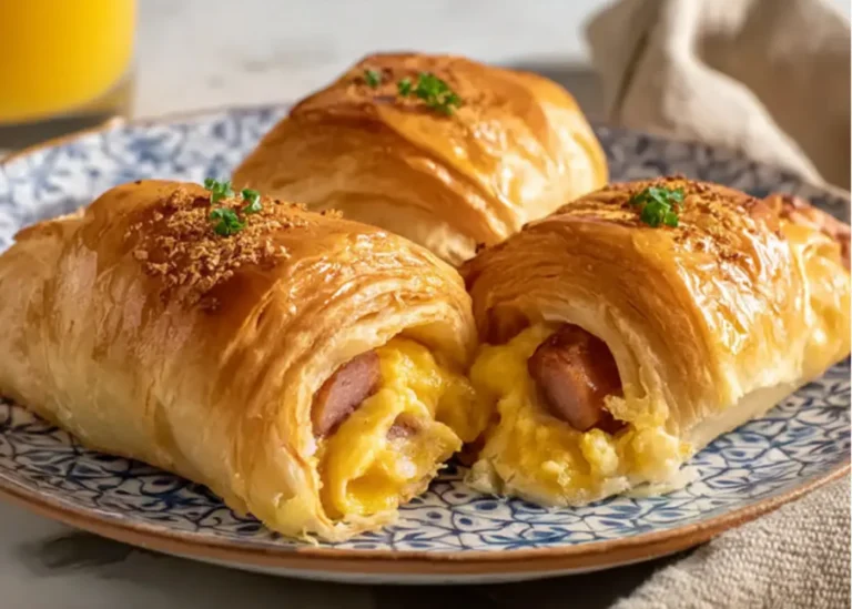 Sausage Egg Breakfast Roll-Ups stacked on a plate with melted cheese and flaky crescent dough, served with maple syrup
