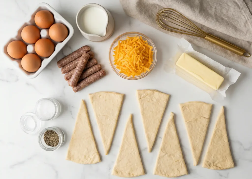 Ingredients for breakfast crescent roll ups including crescent dough tube, cooked sausage links, scrambled eggs, shredded cheddar, butter, and seasonings