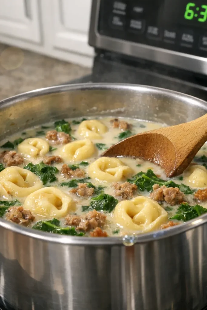 Creamy Sausage Tortellini Soup in a white bowl with kale, cheese tortellini, and sausage in a light cream broth
