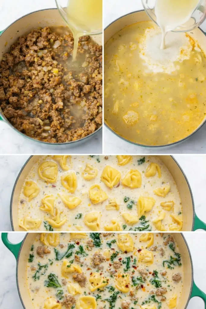 Creamy Sausage Tortellini Soup in a white bowl with kale, cheese tortellini, and sausage in a light cream broth
