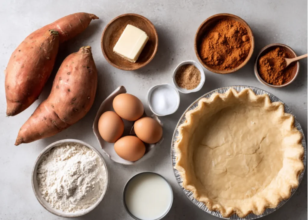 Raw ingredients for old fashioned sweet potato pie, including sweet potatoes, brown sugar, eggs, evaporated milk, butter, and spices on a counter