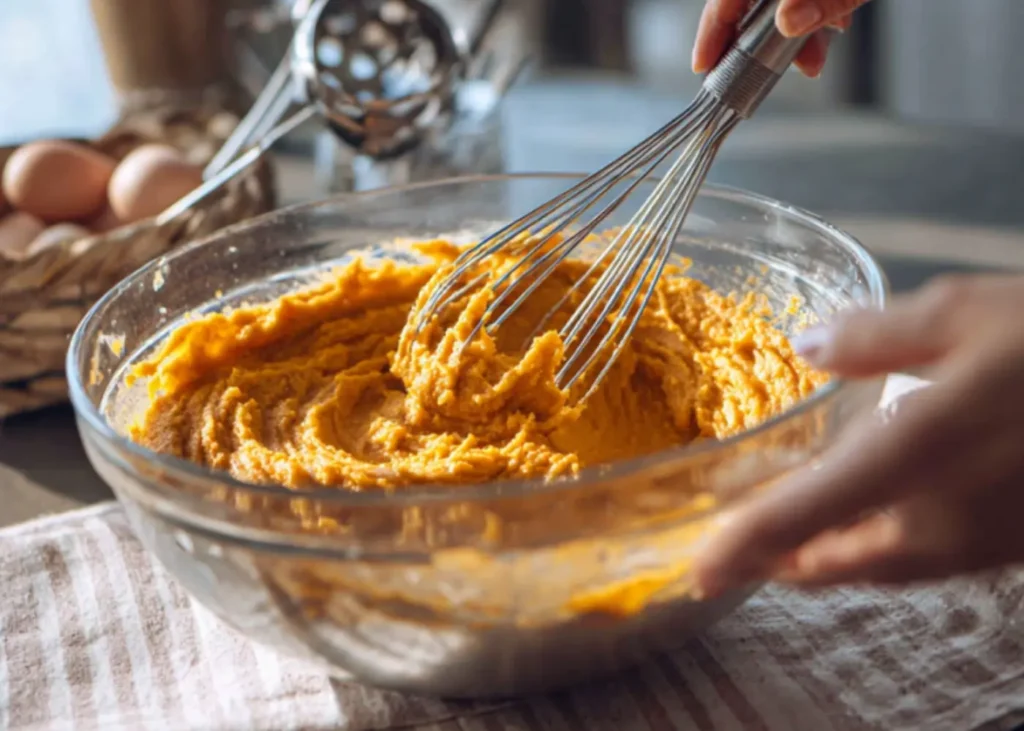 Pouring creamy filling into a pie crust to make an easy southern sweet potato pie on a baking sheet before going into the oven