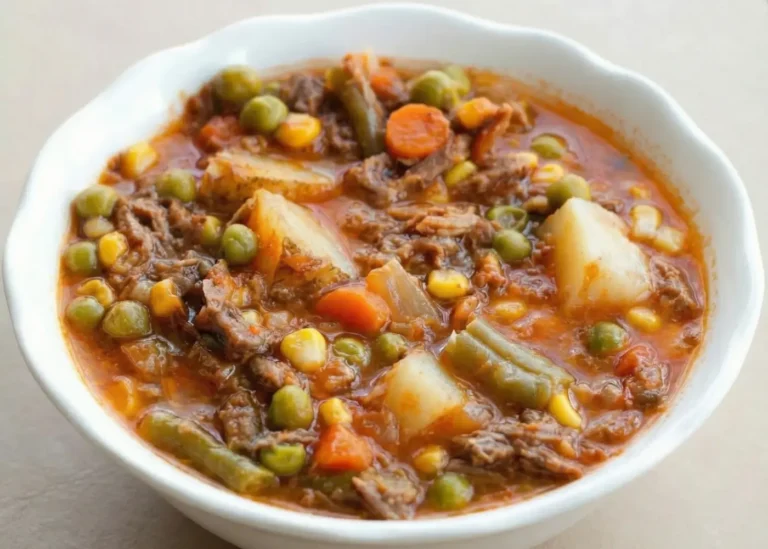 Old-Fashioned Vegetable Beef Soup in a large pot with chunks of beef, potatoes, carrots, and peas in a light tomato broth
