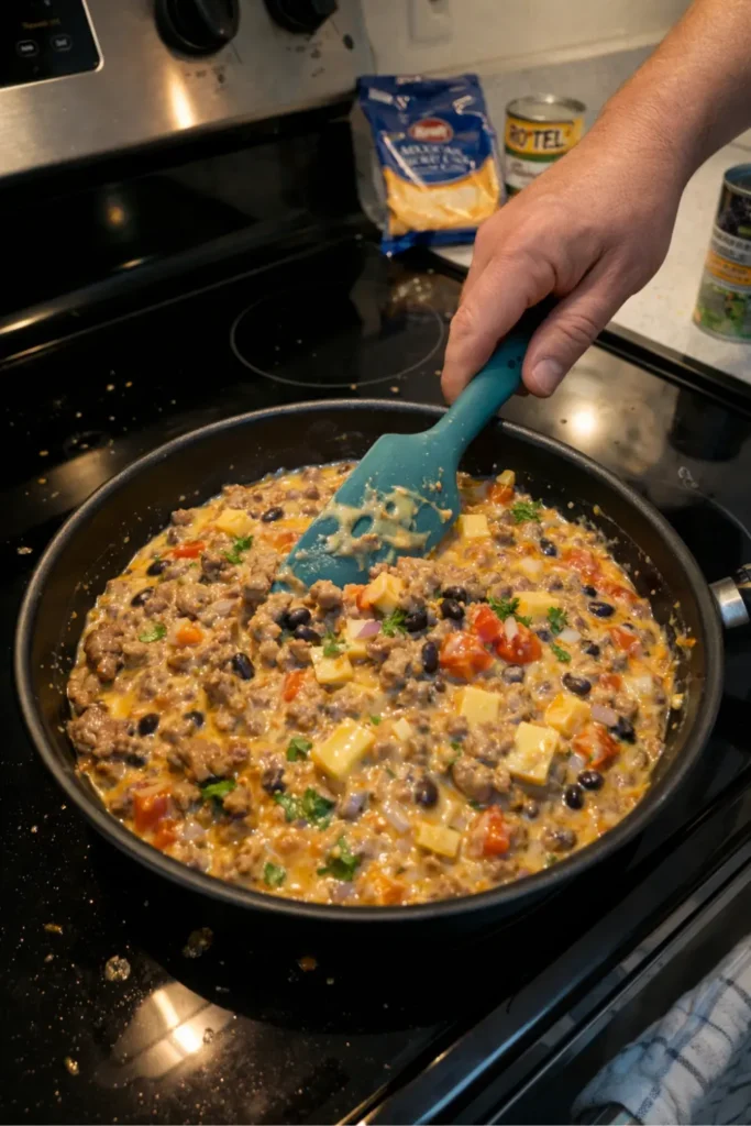 Skillet of Velveeta queso with beef, beans, and tomatoes on a kitchen counter with a hand dipping a tortilla chip.