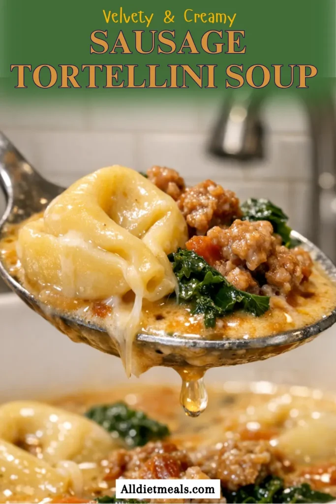 Creamy Sausage Tortellini Soup in a white bowl with kale, cheese tortellini, and sausage in a light cream broth